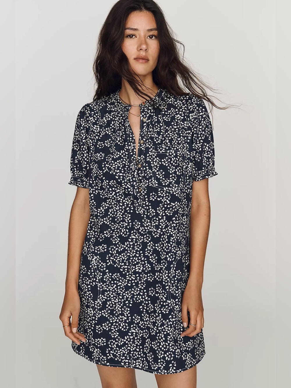 Anthropologie Pilcro Aly Navy Ditsy Floral Puff Sleeve Henley Shirt Mini Dress S